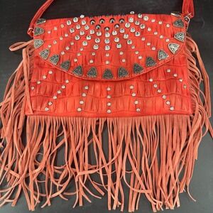 Red Faux Leather Embellished Rhinestones Fringes Magnetic Close Crossbody Purse